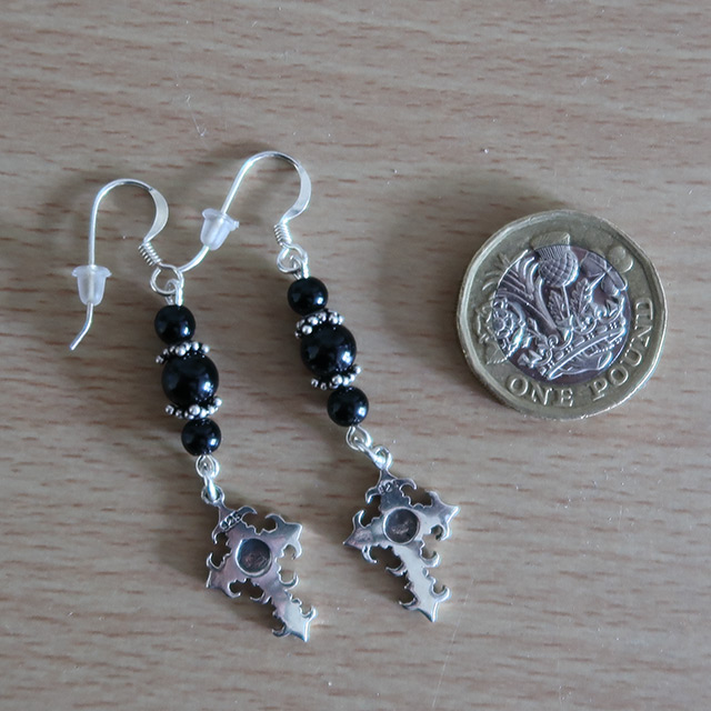 Spiked cross earrings (reverse and scale view)